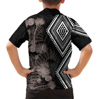 Aotearoa Tukutuku Motif Kid Hawaiian Shirt Pohutukawa and Fern Leaves Grayscale Color