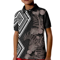 Aotearoa Tukutuku Motif Kid Polo Shirt Pohutukawa and Fern Leaves Grayscale Color