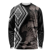 Aotearoa Tukutuku Motif Long Sleeve Shirt Pohutukawa and Fern Leaves Grayscale Color