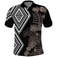 Aotearoa Tukutuku Motif Polo Shirt Pohutukawa and Fern Leaves Grayscale Color