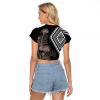 Aotearoa Tukutuku Motif Raglan Cropped T Shirt Pohutukawa and Fern Leaves Grayscale Color