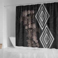 Aotearoa Tukutuku Motif Shower Curtain Pohutukawa and Fern Leaves Grayscale Color