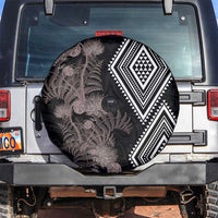Aotearoa Tukutuku Motif Spare Tire Cover Pohutukawa and Fern Leaves Grayscale Color