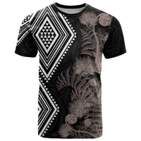 Aotearoa Tukutuku Motif T Shirt Pohutukawa and Fern Leaves Grayscale Color