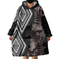 Aotearoa Tukutuku Motif Wearable Blanket Hoodie Pohutukawa and Fern Leaves Grayscale Color