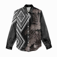 Aotearoa Tukutuku Motif Women Casual Shirt Pohutukawa and Fern Leaves Grayscale Color