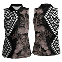 Aotearoa Tukutuku Motif Women Sleeveless Polo Shirt Pohutukawa and Fern Leaves Grayscale Color