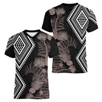 Aotearoa Tukutuku Motif Women V-Neck T-Shirt Pohutukawa and Fern Leaves Grayscale Color