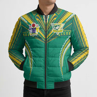 Custom Cook Islands Rugby Bomber Puffer Jacket Tatau Art Sport Style Green Color