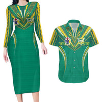 Custom Cook Islands Rugby Couples Matching Long Sleeve Bodycon Dress and Hawaiian Shirt Tatau Art Sport Style Green Color