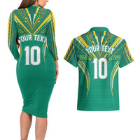 Custom Cook Islands Rugby Couples Matching Long Sleeve Bodycon Dress and Hawaiian Shirt Tatau Art Sport Style Green Color