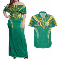 Custom Cook Islands Rugby Couples Matching Off Shoulder Maxi Dress and Hawaiian Shirt Tatau Art Sport Style Green Color