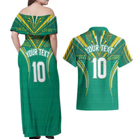 Custom Cook Islands Rugby Couples Matching Off Shoulder Maxi Dress and Hawaiian Shirt Tatau Art Sport Style Green Color
