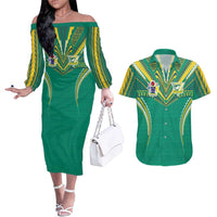 Custom Cook Islands Rugby Couples Matching Off The Shoulder Long Sleeve Dress and Hawaiian Shirt Tatau Art Sport Style Green Color