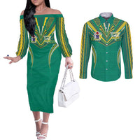 Custom Cook Islands Rugby Couples Matching Off The Shoulder Long Sleeve Dress and Long Sleeve Button Shirt Tatau Art Sport Style Green Color