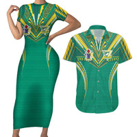 Custom Cook Islands Rugby Couples Matching Short Sleeve Bodycon Dress and Hawaiian Shirt Tatau Art Sport Style Green Color
