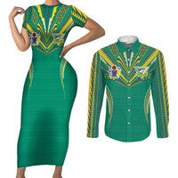 Custom Cook Islands Rugby Couples Matching Short Sleeve Bodycon Dress and Long Sleeve Button Shirt Tatau Art Sport Style Green Color