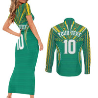 Custom Cook Islands Rugby Couples Matching Short Sleeve Bodycon Dress and Long Sleeve Button Shirt Tatau Art Sport Style Green Color