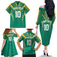 Custom Cook Islands Rugby Family Matching Off The Shoulder Long Sleeve Dress and Hawaiian Shirt Tatau Art Sport Style Green Color