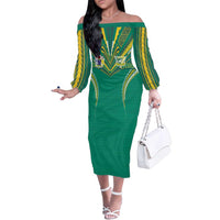 Custom Cook Islands Rugby Family Matching Off The Shoulder Long Sleeve Dress and Hawaiian Shirt Tatau Art Sport Style Green Color