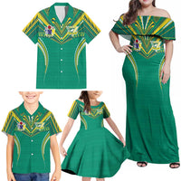Custom Cook Islands Rugby Family Matching Off Shoulder Maxi Dress and Hawaiian Shirt Tatau Art Sport Style Green Color