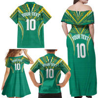 Custom Cook Islands Rugby Family Matching Off Shoulder Maxi Dress and Hawaiian Shirt Tatau Art Sport Style Green Color