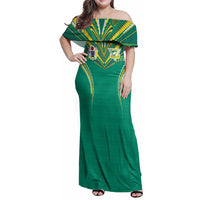 Custom Cook Islands Rugby Family Matching Off Shoulder Maxi Dress and Hawaiian Shirt Tatau Art Sport Style Green Color