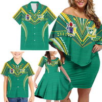 Custom Cook Islands Rugby Family Matching Off Shoulder Short Dress and Hawaiian Shirt Tatau Art Sport Style Green Color