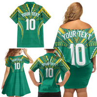 Custom Cook Islands Rugby Family Matching Off Shoulder Short Dress and Hawaiian Shirt Tatau Art Sport Style Green Color