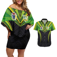 Custom Cook Islands Rugby Couples Matching Off Shoulder Short Dress and Hawaiian Shirt Tatau Art Sport Style Black Color