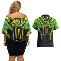 Custom Cook Islands Rugby Couples Matching Off Shoulder Short Dress and Hawaiian Shirt Tatau Art Sport Style Black Color