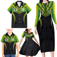 Custom Cook Islands Rugby Family Matching Long Sleeve Bodycon Dress and Hawaiian Shirt Tatau Art Sport Style Black Color