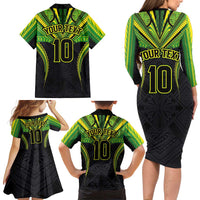 Custom Cook Islands Rugby Family Matching Long Sleeve Bodycon Dress and Hawaiian Shirt Tatau Art Sport Style Black Color