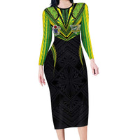 Custom Cook Islands Rugby Family Matching Long Sleeve Bodycon Dress and Hawaiian Shirt Tatau Art Sport Style Black Color