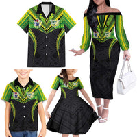 Custom Cook Islands Rugby Family Matching Off The Shoulder Long Sleeve Dress and Hawaiian Shirt Tatau Art Sport Style Black Color