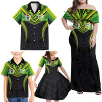 Custom Cook Islands Rugby Family Matching Off Shoulder Maxi Dress and Hawaiian Shirt Tatau Art Sport Style Black Color