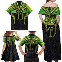 Custom Cook Islands Rugby Family Matching Off Shoulder Maxi Dress and Hawaiian Shirt Tatau Art Sport Style Black Color
