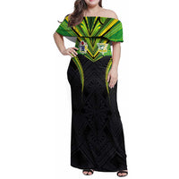 Custom Cook Islands Rugby Family Matching Off Shoulder Maxi Dress and Hawaiian Shirt Tatau Art Sport Style Black Color