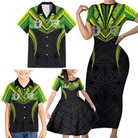 Custom Cook Islands Rugby Family Matching Short Sleeve Bodycon Dress and Hawaiian Shirt Tatau Art Sport Style Black Color