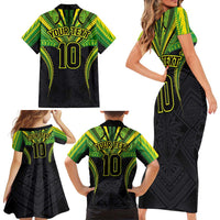 Custom Cook Islands Rugby Family Matching Short Sleeve Bodycon Dress and Hawaiian Shirt Tatau Art Sport Style Black Color