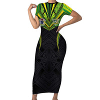 Custom Cook Islands Rugby Family Matching Short Sleeve Bodycon Dress and Hawaiian Shirt Tatau Art Sport Style Black Color