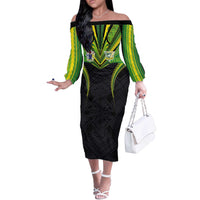 Custom Cook Islands Rugby Off The Shoulder Long Sleeve Dress Tatau Art Sport Style Black Color