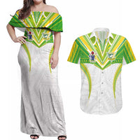 Custom Cook Islands Rugby Couples Matching Off Shoulder Maxi Dress and Hawaiian Shirt Tatau Art Sport Style White Color