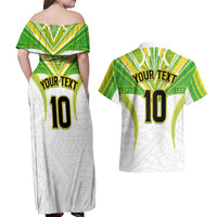 Custom Cook Islands Rugby Couples Matching Off Shoulder Maxi Dress and Hawaiian Shirt Tatau Art Sport Style White Color