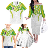 Custom Cook Islands Rugby Family Matching Off The Shoulder Long Sleeve Dress and Hawaiian Shirt Tatau Art Sport Style White Color