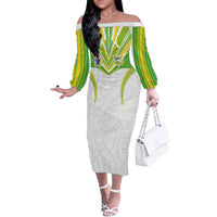 Custom Cook Islands Rugby Family Matching Off The Shoulder Long Sleeve Dress and Hawaiian Shirt Tatau Art Sport Style White Color