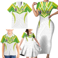 Custom Cook Islands Rugby Family Matching Short Sleeve Bodycon Dress and Hawaiian Shirt Tatau Art Sport Style White Color