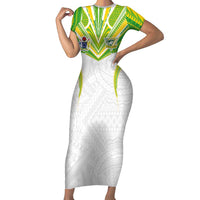 Custom Cook Islands Rugby Family Matching Short Sleeve Bodycon Dress and Hawaiian Shirt Tatau Art Sport Style White Color