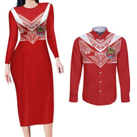 Custom Tonga Rugby Couples Matching Long Sleeve Bodycon Dress and Long Sleeve Button Shirt Ngatu Motifs and Pacific Patterns