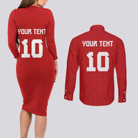Custom Tonga Rugby Couples Matching Long Sleeve Bodycon Dress and Long Sleeve Button Shirt Ngatu Motifs and Pacific Patterns